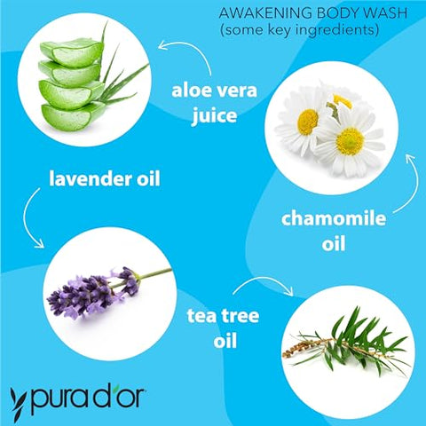 PURA D'OR - PURA D’OR Body Wash Despertar (480ml x3 = 1440ml) Aloe Vera, Camomila, Lavanda, Tea Tree para Fragrância Terrosa Revigorante, pH Balanceado para Pele Hidratada e Macia, Sensação de Frescor, Tudo