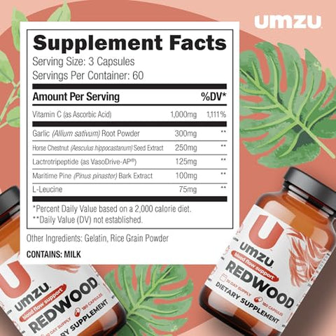 Redwood – Suplemento de Óxido Nítrico Natural para Suporte ao Fluxo Sanguíneo com Vitaminas e Alho | 60 cápsulas - UMZU