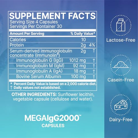 Mega IgG2000 – Cápsulas Alternativas Livres de Laticínios ao Suplemento de Colostro Bovino – Suplemento de Imunoglobulina do Soro Bovino para Apoiar a Saúde Digestiva (120 cápsulas) - Microbiome Labs