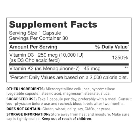 Vitamina D3 K2 10000 UI – Vitamina K2 MK-7 45 mcg – Suporta a Função Imunológica, Níveis de Energia - Amy Myers MD