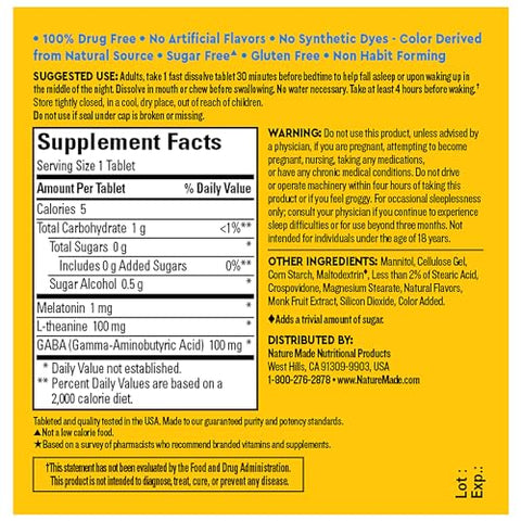 Wellblends – Suplemento para Dormir, Melatonina 1 mg, L-teanina 100 mg e GABA 100 mg, 40 Comprimidos de Dissolução Rápida - Nature Made