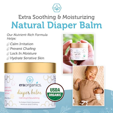 Bálsamo para assaduras de bebê Era Organics – Creme de fraldas orgânico certificado USDA, extra calmante e nutritivo para pele seca e sensível. Bálsamo natural para bebês, ajuda a controlar umidade excessiva, assaduras e irritações