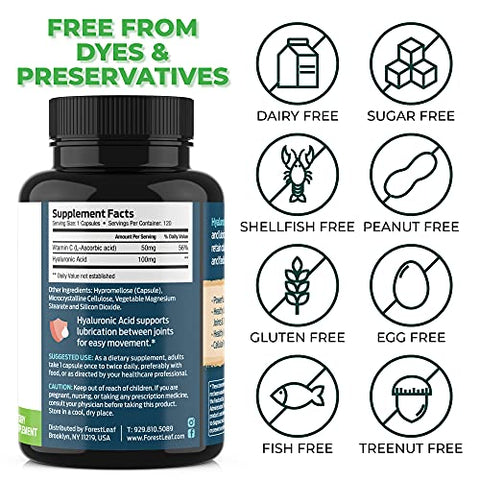 Cápsulas Vegetais de Ácido Hialurônico – 120 Cápsulas – 100mg Ácido Hialurônico Dietético 50mg Vitamina C Articular - ForestLeaf