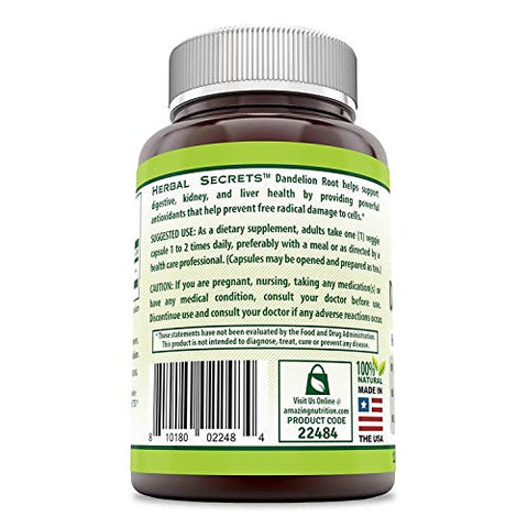 Dandelion Root 520 Mg 120 Cápsulas Vegetais (Não-OGM) – Melhora a Saúde Gastrointestinal, Reduz Inflamação na Garganta (Pacote com 3) - Herbal Secrets