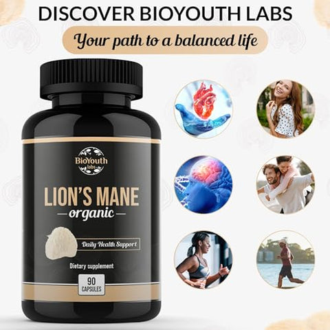 BioYouth - Suplemento Dietético Premium de Extrato de Cogumelo do Leão Orgânico para Suporte Cerebral – 90 Cápsulas