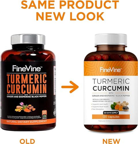 FineVine Organics - Cúrcuma Curcumina com BioPerine Pimenta Preta e Gengibre – Fabricado nos EUA – 240 Cápsulas Vegetarianas para Absorção Avançada, Suporte às Articulações