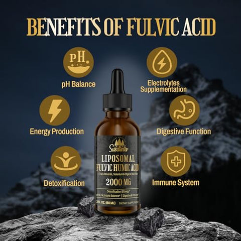 Susatentar - Trace Minerals Electrolytes Drops 2000 MG | Suplemento de Ácido Fulvico Humico Lipossomal Líquido | 72 Minerais Traços | Hidratação | Desintoxicação | Energia | Equilíbrio de pH | Digestão |