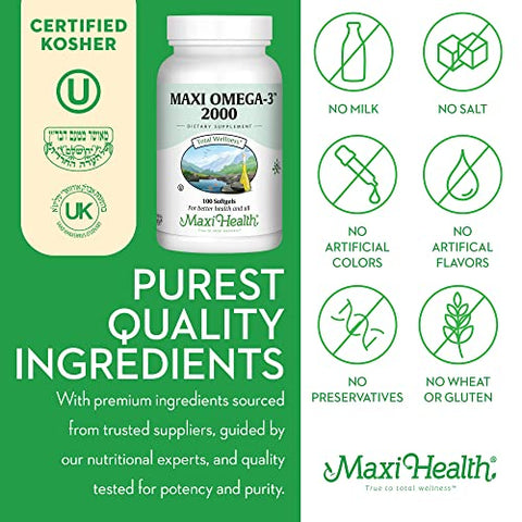 Maxi Health - Óleo de Peixe Ômega 3 – Triplo Forte 2000 mg Suplemento de Óleo de Peixe Kosher – Ômega 3 sem Gosto de Peixe – Suplemento de Ômega 3 sem Arroto – Suplemento de Ácido Graxo Ômega 3 sem Gosto de Peixe com EPA e