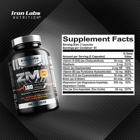 Iron Labs Nutrition - Iron Labs ZM6 – Suplemento de Zinco e Magnésio de Alta Potência – 180 Cápsulas Vegetarianas (Fornecimento de 3 Meses) – Complexo Super Reforçado de Zinco Magnésio Aspartato e B6