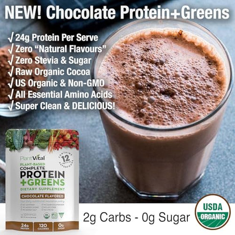 Plantvital - PlantVital: Pó de Proteína Vegana à Base de Plantas, Chocolate Orgânico, 24g/0g açúcar, 12 Superfoods, Vegetais, Probióticos, Cacau Cru, Couve, Beterraba, Spirulina, Ervilha