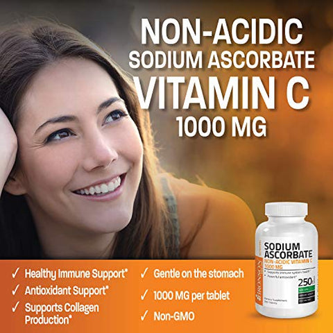 Bronson - Vitamina C Não Ácida Ascorbato de Sódio 1000 Mg – Comprimidos Suaves para o Estômago – Reforço do Sistema Imunológico – Poderoso Antioxidante – Suplemento de Vitamina C Não OGM, 250 Unidades
