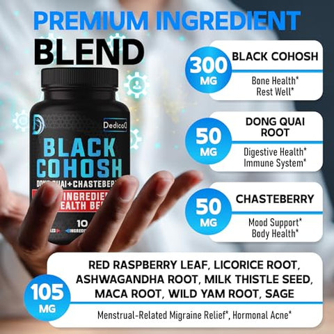 DEDICAD - 12 em 1 Cohosh Preto 5-Meses de Fornecimento para Suporte à Menopausa – 6700mg com Dong Quai, Chasteberry, Framboesa Vermelha, Alcaçuz, Yam Selvagem