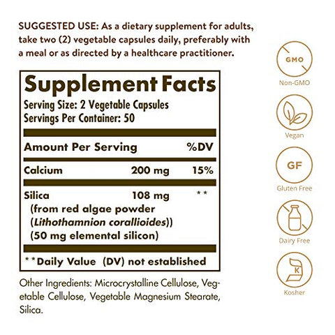 SOLGAR - Solgar Oceanic Silica de Algas Vermelhas 25 mg, 100 Cápsulas Vegetais – Excelente Fonte de Cálcio, Suporte para a Saúde Óssea – Não-OGM, Vegano, Sem Glúten, Sem Laticínios, Kosher – 50 g