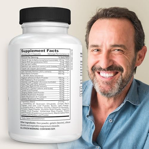 Daily Defense - Suplementos para Saúde da Próstata para Homens – Com Pó de Saw Palmetto, Vitamina E, Zinco, Cogumelos, Semente de Abóbora – Suporte Dietético para Próstata, 90 Ct