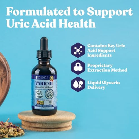 Rejuvica Health - Varicol – Suporte Avançado para Ácido Úrico – Entrega Líquida para Melhor Absorção – Cereja Tart, Chanca Piedra, Semente de Aipo, Gengibre – 100% Natural