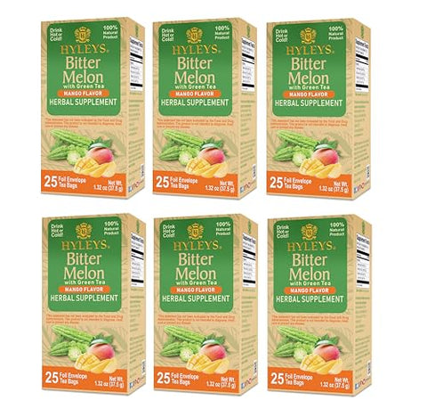 HYLEYS - Hyleys Bitter Melon com Chá Verde – Sabor Manga – 25 Saquinhos de Chá – Favorece a Saúde do Fígado – Suplemento Herbal – (6 Pacotes – 150 Saquinhos de Chá no Total)