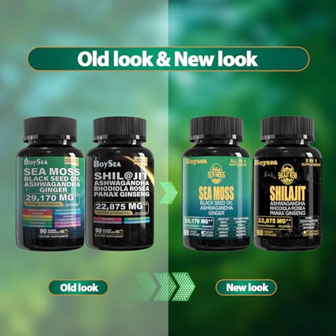 Shilajit e Sea Moss Bundle – Sea Moss (7000mg), Ashwagandha (2000mg), Óleo de Semente Preta (4000mg), Gengibre | Boysea - Boysea