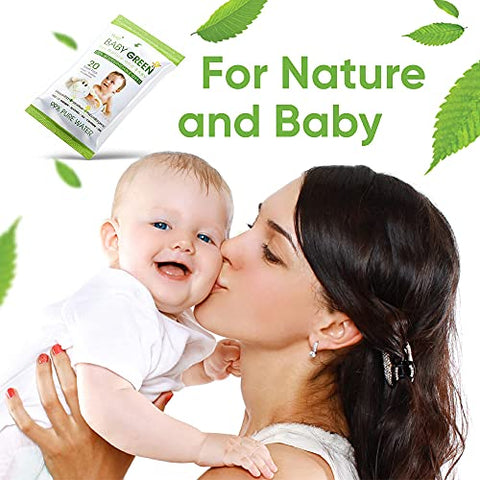 Yugi Baby Green - Baby Green Wipes Orgânicas Compostáveis e Biodegradáveis sem Fragrância – Pack de Viagem (12 Packs de 20) 240 para Pele Sensível