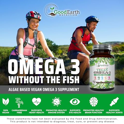 GoodEarth Nutrition - Vegan Omega 3 – DHA/EPA à base de algas vegetais sem carragenina – 60 cápsulas vegetais – Suporte para cérebro, coração e articulações