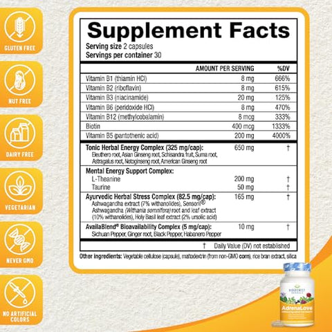 RidgeCrest Herbals - Ridgecrest Herbals AdrenaLove: Suplemento para Fadiga Adrenal com Ashwagandha, L-Theanine, Ginseng, Schisandra, Taurina, Manjericão Sagrado, Adaptógenos e Vitaminas B