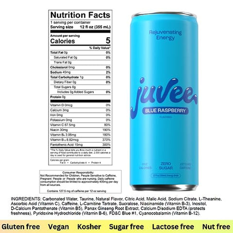 Bebida Energética Rejuvenescedora Sem Açúcar. Taurina, Vitamina B12, Vitamina B6. 128 mg de Cafeína. L-Teanina para Suporte de Humor. Panax Ginseng para Foco. Vitamina C - Juvee