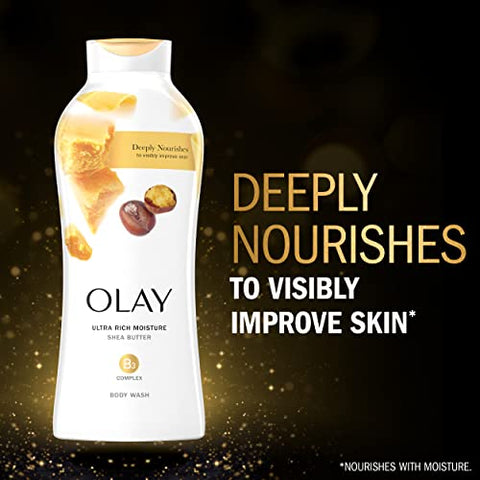Ultra Rich Moisture Body Wash para Mulheres, Nutrição Profunda, Complexo de Vitamina B3, Comprovado Clinicamente, Fragrância de Manteiga de Karité, 22 fl oz (Pack de 4) - Olay