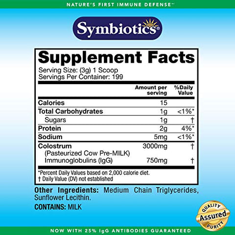 Colostrum Plus Pó 597g – Suporte à Imunidade – Melhora o Desempenho Atlético e Níveis Ideais de Ferro – Imunoglobulina – 25% Anticorpos lgG – Livre de Glúten - Symbiotics