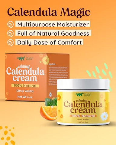 Mindfully Natural - Creme de Calêndula com Aloe Vera Orgânica – Creme de Calêndula para Rosto e Corpo – Loção Infantil Pós-Sol para Alívio de Queimaduras Solares e Condições Leves da Pele (Leve…)