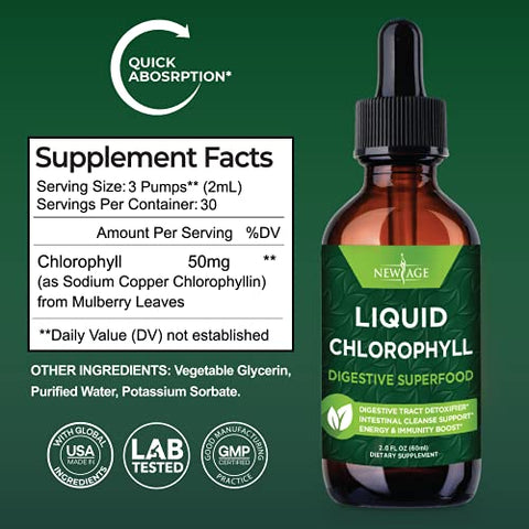NEW AGE - Gotas Líquidas de Clorofila – Concentrado Natural – Estimulante de Energia, Suporte à Digestão e Sistema Imunológico, Desodorante Interno, Função Hepática – (60 ml (Pacote com 4))