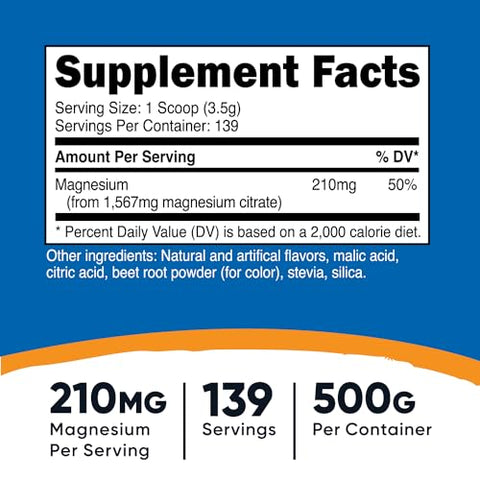 Magnesium Citrate Powder (Framboesa Limonada, 500g) – Pó de Citrato de Magnésio para Saúde e Bem-Estar - Nutricost