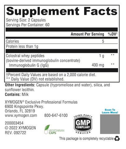 IgG 2000 CWP – Concentrado de Imunoglobulina (a partir de Peptídeos de Soro Colostral) para Apoiar a Saúde Intestinal, Função Imunológica e Atividade Saudável de Citocinas (120 Cápsulas) - XYMOGEN
