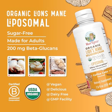 MaryRuth Organics - Suplemento Orgânico de Lion’s Mane por MaryRuth’s | Lipossomal de Ultra Absorção | Cogumelo Lion’s Mane de Espectro Completo | 200mg de Beta-Glucanos por Porção | Orgânico Certificado pelo USDA | Vegano | 7,6 oz (214g)