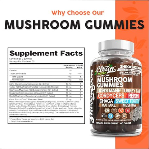 Clean Nutraceuticals - 15in1 Gomas de Cogumelo com Lion’s Mane, Turkey Tail, Cordyceps, Reishi, Chaga, Sweet Toot, Maitake, Meshima, Poria Cocos, Shiitake, Tremella, Oyster e Agaricus para Homens e Mulheres