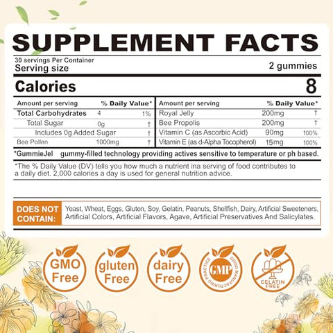 Nextdia - Bee Pollen Gummies Orgânicos 1000mg p/ Crescimento dos Seios c/ Própolis, Geléia Real, Sem Açúcar – Rico em Vitamina B, Antioxidantes, Aminoácidos – Suplemento de Pólen de Abelha p/ Pele