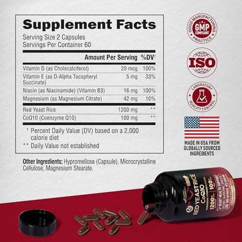 NUTRAHARMONY - Red Yeast Rice 1200 mg com CoQ10 100 mg – com Magnésio | Niacina | Vitamina E | 1200 mg de Arroz de Levedura Vermelha com 100 mg de CoQ10 – com Magnésio, Niacina e Vitamina E