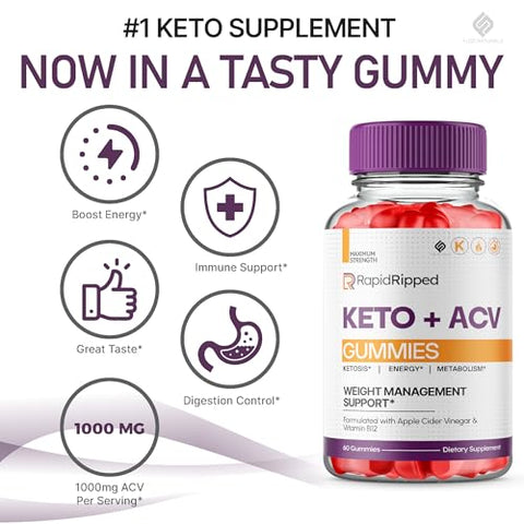 Fuze Naturals - (2 Pacotes) Gomas Rapid Ripped Keto ACV – Suplemento de Vinagre de Maçã 1000mg para Mulheres e Homens, Veganas e Rápidas – RapidRipped Keto