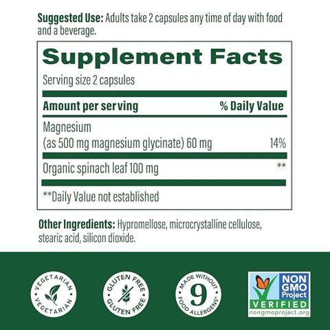 Magnesium Glycinate 500mg – Suplemento de Magnésio Quelato – 60mg de Magnésio Elemental – Suave no Estômago – Suporta o Ciclo Normal do Sono - MegaFood