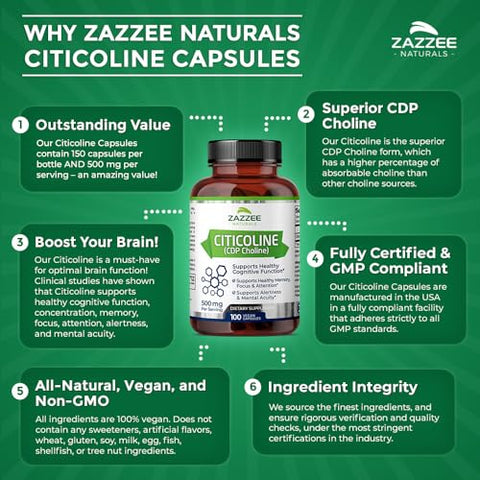 Citicolina Extra Forte, 500 mg por Porção, 100 Cápsulas Veganas, Forma Superior de Colina CDP, Grau Farmacêutico 100%% Vegetariano, Suprimento de 50 Dias, Natural e - Zazzee