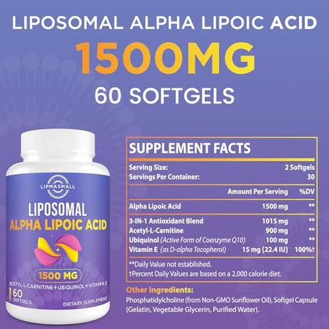 lipmaxmall - Liposomal Alpha Lipoic Acid 1500mg + Acetyl-L-Carnitine 900mg | Potente Antioxidante para Saúde