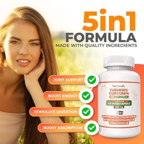 HARMONIFY - Suplemento de Curcuma Longa com Gengibre, Canela do Ceilão e Pimenta Preta 5 em 1, Suporte Articular de Absorção Máxima, 1000 mg, 120 Cápsulas de Extrato Herbal