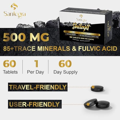 Santegra - 30,000 MG de Comprimidos de Shilajit, 100%% Puro de Shilajit, 60 Unidades – Shilajit Himalaia Orgânico Rico em Ácido Fúlvico