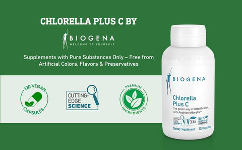BIOGENA WISSEN SCHAFFT GESUNDHEIT - Chlorella Plus C – Alga Verde Apoio à Desintoxicação – Cápsulas com 900 mg de Pó de Chlorella Vulgaris Orgânica – Suplemento Não-OGM