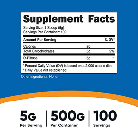 D-Ribose em Pó 500 Gramas – 5000mg por Porção, Não-OGM (500g – 3 Pacotes) - Nutricost