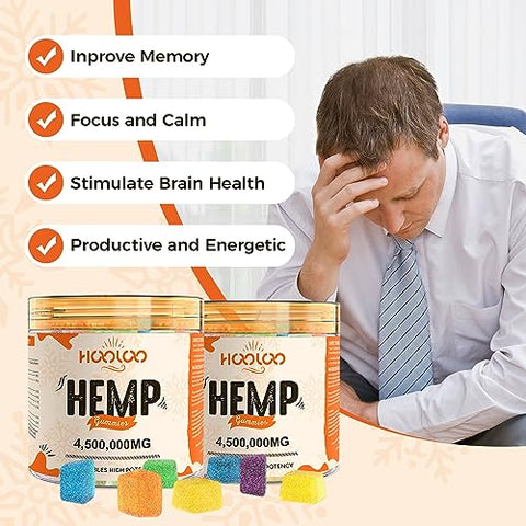 HOOLOO - Hemp Gummies Extra Forte para Adultos – 6 Sabores Frutados Infundidos com Vitaminas, Ômega 3 – Goma de Mascar Mastigável para Noites de Sono Profundo, Concentração, Relaxamento – Pacote com 4 – Fabricado nos EUA