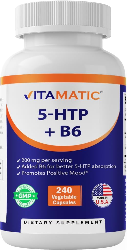 5-HTP 200mg com B6 5mg por Porção – 240 Cápsulas Vegetarianas (5-Hidroxitriptofano) – Extrato de Semente de Griffonia Simplicifolia - Vitamatic