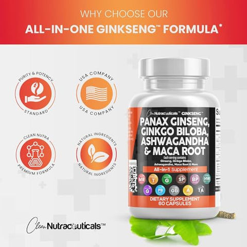Panax Ginseng 10000mg, Ginkgo Biloba 4000mg, Ashwagandha Maca Root 3000mg – Suplemento para Foco com Extrato de Casca de Pinheiro, Alho e Semente de Saw Palmetto – Mulheres e Homens – 60 Cápsulas - Clean Nutraceuticals