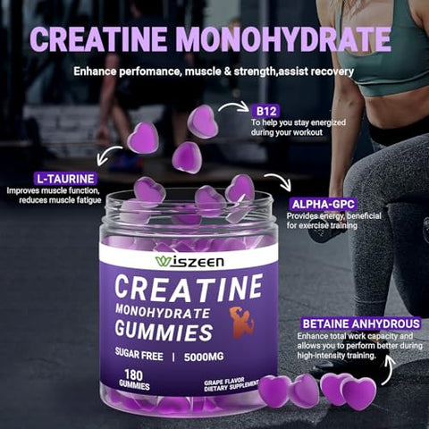 Wiszeen - Gomas de Creatina Monohidratada Sem Açúcar 5g para Homens e Mulheres, Goma de Creatina Monohidratada com L-Taurina, Alpha GPC, Vitamina B12