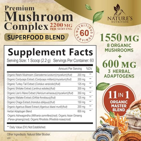 Nature's Nutrition - Pó de Cogumelo Orgânico – Complexo em Pó 11 em 1 de Leão Mane, Cordyceps, Reishi, Chaga, Shiitake, Turkey Tail, Maitake