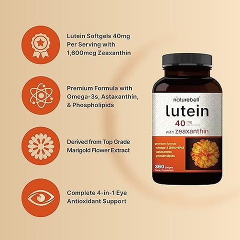 NatureBell - Luteína 40mg e Zeaxantina 1.600mcg por Porção, 360 Softgels | 4 em 1 com Ômega-3, Astaxantina