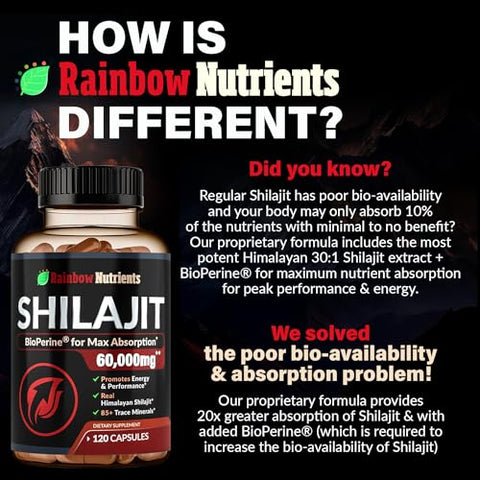 LLC,Rainbow Nutrients - Cápsulas de Shilajit do Himalaia para Homens (60.000mg 50%% Ácido Fúlvico) BioPerine® para Máxima Absorção | Natural 30:1 Shilajit com 85 Minerais Traços para Energia, Desempenho